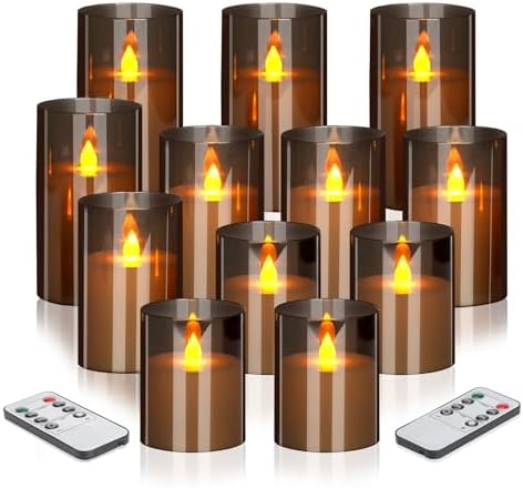 wemarry Flameless Candles 4" 5" 6" Acrylic Glass Pillars 3" Diameter Battery Operated Flickering Candles Include 8-Key Remote with Timer Function 400+ Hours (Gray, Warm Light 12 Pack) by wemarry
