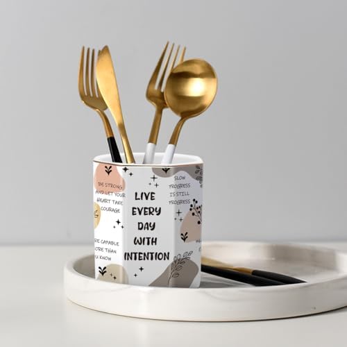 Cute Pen Holder for Desk, Ceramic Pencil Holder, Makeup Brush Holders, Desktop Stationery Organizer for School Students Office Women Teens Girls Boys, Words - Image 5