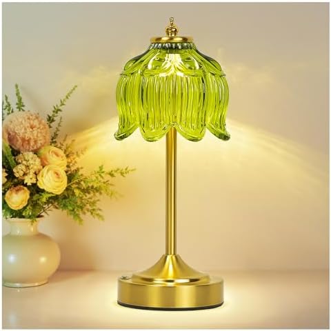 Cordless Table Lamp, Rechargeable Green Glass Lotus Flower Lamp by Unknown