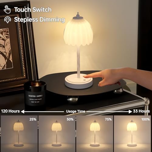 Shenmoyl Tulip Table Lamp with 5200mAh Battery & Touch Control, Cordless Small Table Lamp with 3 Colors, Dimmable Rechargeable Table Lamps for Living Room, Bedroom, Bedside (White Tulip & White Base) - Image 4