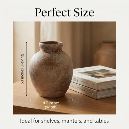 Rustic Terracotta Pot, Ceramic Flower Vase 6.1 Inch, Farmhouse Boho Centerpiece for Home Decor, Living Room, Table, Shelf, Mantel & Bathroom - Image 5