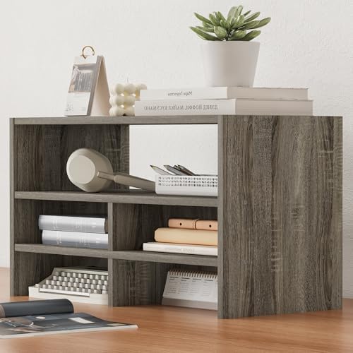 Wood Desktop Organizer Shelf with Five Storage Compartments, Vertical Desk Organizer with Three Shelves, for College Dorm Room, Office, Gray - Image 7