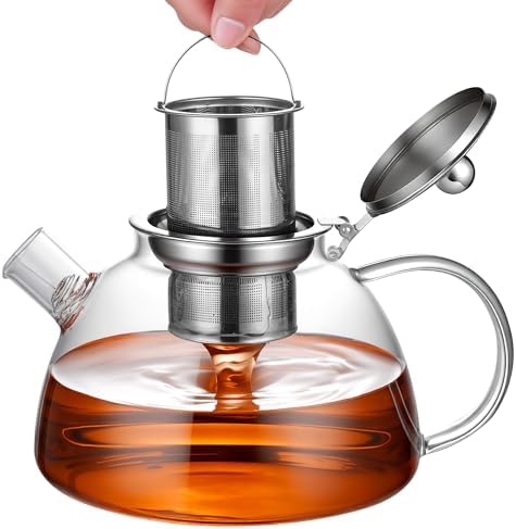 Ehugos Glass Teapot with Removable Infuser, 1300ml/44 oz Stovetop Safe Hand Crafted Clear tea kettle for Loose Leaf Tea, Hot/Iced Water, Juice Beverage by Ehugos