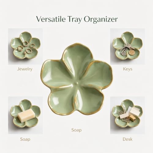 Ceramic Flower Jewelry Ring Trinket Dish Tray, Gifts for Women, Sage Green - Image 4
