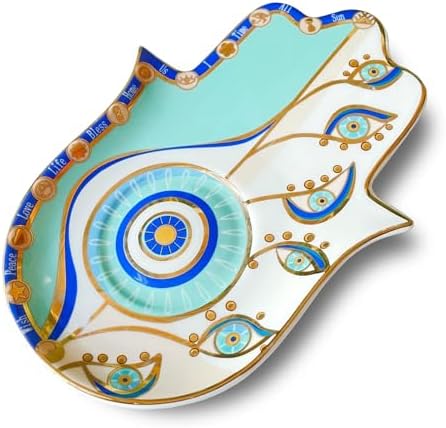 Exquisite Small Ceramic Jewelry Tray - Trinket Dish Evil Eye Decor, Gold Plate Ring Holder, Modern Boho Home Essentials, Perfume Organizer, Witchy, Aesthetic Room Decor (Blue Hamsa) by JKLEO