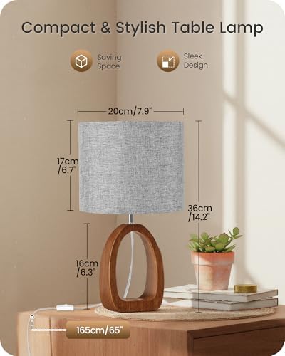 Gray Table Lamp, Small Wood Bedside Lamp with Gray Linen Lampshade & Dark Pearwood Base, Modern Nightstand Lamp for Bedroom, Kid's Room, Cute Desk Lamp with Cable, E26 Socket, LH07TL05 - Image 5