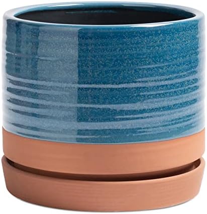 HERDUK 8 Inch Pots for Plants, Ceramic Planter Pot with Drainage Hole & Saucer, Indoor/Outdoor Cylinder Round Planter Pot, Blue & Terracotta by Herduk