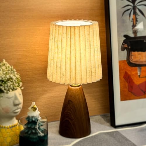 Small Pleated Table Lamp for Bedroom, Bedside Lamps for Nightstand, Dimmable Desk Lamp Ceramic Wood Grain Base Round Flaxen Fabric Shade for Living Room, Kids Room,LED Bulb Included(Art Deco) by Unknown