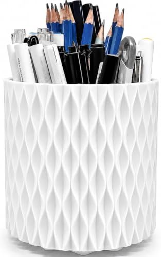 Lebenrich Rotating Pen Holder for Desk, 5 Slots Easthetic Pencil holder Desk Organizer Supplies and Accessories for Women Girls, Pencil Cup for Office Home Art Supply, White by Lebenrich
