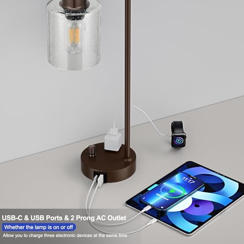 Innqoo Brown Industrial Bedside Table Lamp for Bedroom - Nightstand Lamps with USB C Charging Port, Fully Dimmable Black Ports and Outlets, Small Desk Glass Shade Office Living Room - Image 3