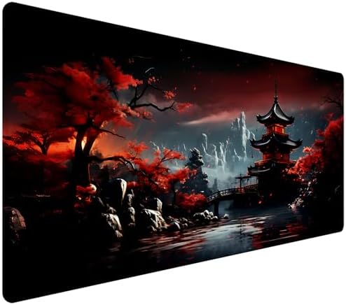 Oriental Gaming Mouse Pad XXL, Large Desk Mat 35.4"x15.7", Non-Slip Waterproof Extended Keyboard Mat for Gaming Office Home (Crimson Pagoda) by HUADO