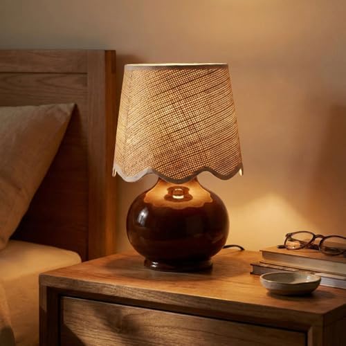 Benton Ceramic Table Lamp with Fabric Shade – 13" Bedside Accent Lamp for Bedroom, Living Room & Nightstand (Brown) - Image 3