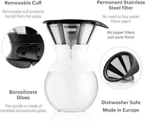 Bodum 34 oz Pour Over Coffee Maker, High-Heat Borosilicate Glass with Reusable Stainless Steel Filter and White Band - Made in Portugal - Image 4