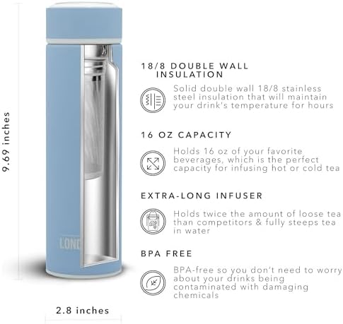 London Sip 16.9 oz Multi-Purpose Tea Infuser Mug – Fruit Infuser Water Bottle for Hot and Cold – Double Wall Stainless Steel Insulated, Blue Sunrise - Image 2
