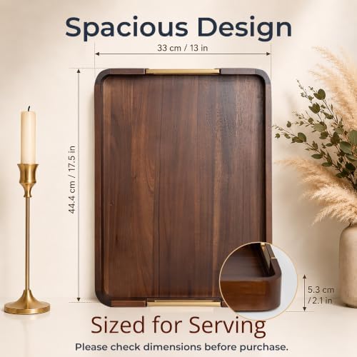 100% Acacia Wooden Serving Tray with Gold-Tone Aluminum Handles - Image 2