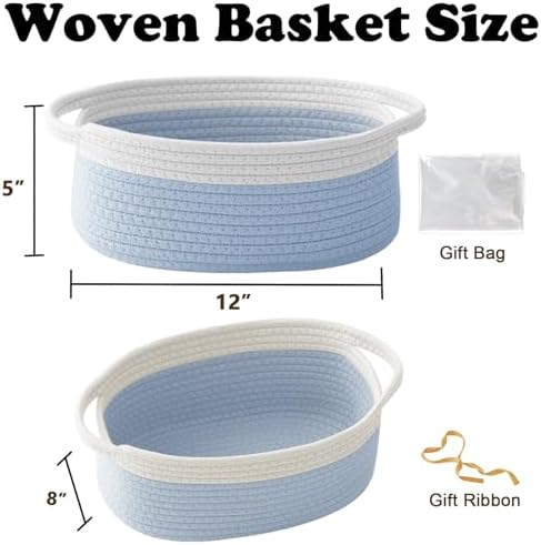 Woven Rope Basket - Baby Gift Basket with Bag & Ribbon, White&Blue - Image 2