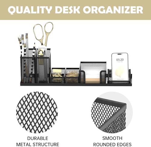 Pen Holder for Desk, 6-Piece Mesh Desk Organizer with Phone Holder, Black - Image 4