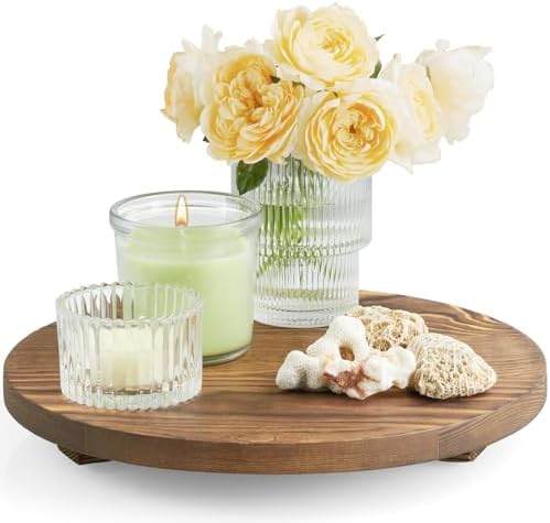Round Decorative Tray Burnt Wood Bathroom Counter Organizer Pedestal Stand Farmhouse Kitchen Decor Wooden Riser for Soap Dish, Perfume, Candle, Sponge, 10" - Brown by Unknown