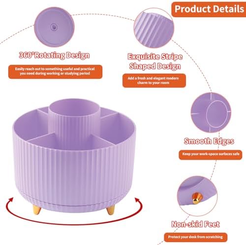 Desk Pencil Pen Holder, 5 Slots 360°Degree Rotating Pen Organizers for Desk, Desktop Storage Stationery Supplies Organizer, Cute Pencil Cup Pot for Office, School, Home, Art Supply, Purple - Image 6