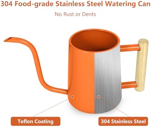 Watering Can Indoor Plants, 35 oz/1000 ml Metal Stainless Steel Watering Can Pot with Long Spout for Indoor House Plants Bonsai Outdoor Garden Flower Decorative (Orange) - Image 4