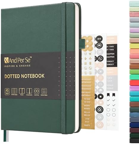 &And Per Se Dotted Journal Notebook, A5 Hardcover Leather Bullet Dotted Journal, 160 Pages 100 gsm Thick Paper, 3 Sheets of Stickers Included - 5.7'' x 8'' （Green） by AndPerSe