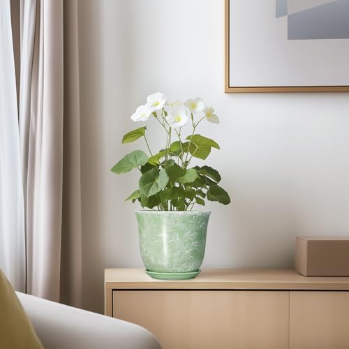 Ceramic Plant Pots - 5.6 Inch Plant Pot with Drainage Hole and Saucer, Round Orchid Succulent Pots for Indoor Outdoor, Small Modern Planter, Desk Window Room Decor, Green - Image 6