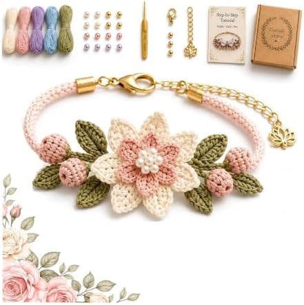 DIY Nature-Inspired Crochet Bracelet Kit, Handmade Jewelry Making Set with Yarn, Beads Crochet Hook, Art Craft Supplies for Adults, Woven Bracelets Craft Gift，B by Unknown