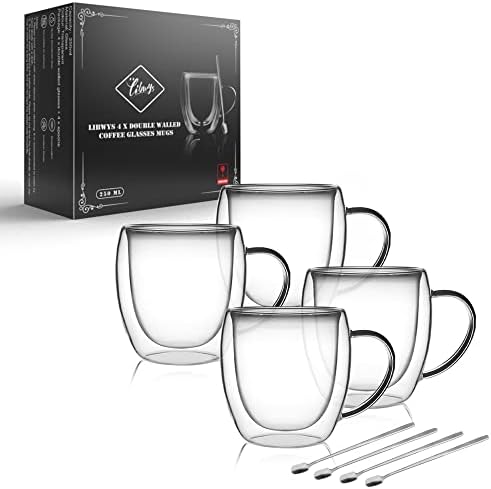 LIBWYS 4 Pack Double Walled Coffee Cups Glasses Mug, 8.5oz Borosilicate by LIBWYS