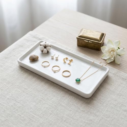 White Ceramic Vanity Tray (6.3" x 2.9") - Rectangular Trinket Dish for Jewelry, Keys & Soap, Multi-Scene Organizer for Bathroom, Kitchen, Entryway & Dresser, Modern Home Decor - Image 4