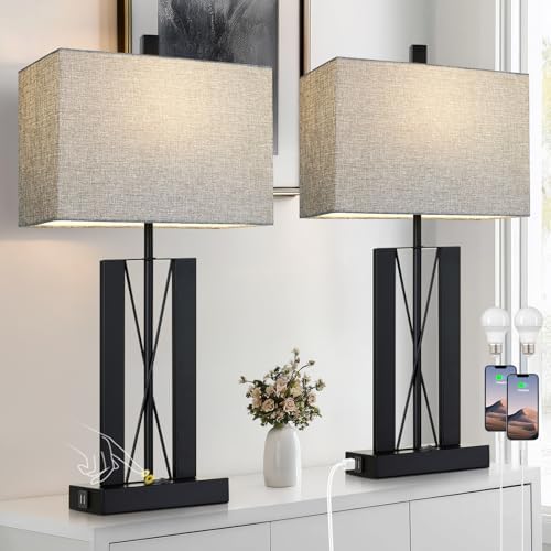 Lolikit 25" Table Lamps Set of 2, Modern Table Lamp for Living Room with 2 USB Charging Ports, Nightstand Geometric Industrial Bedside Lamp with Gray Shade for Bedrooms End Table Decor, Bulbs Included by Lolikit