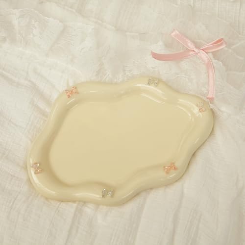 Jewelry Dish Trinket Tray for Women, Ring Dish Holder, Unique Cloud Shape Ceramic Plate Cute Things Vanity Aesthetic Room Decor Mother's Day Birthday (Bow Cream) - Image 4