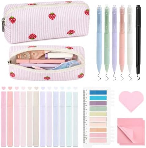 22Pcs Book Annotation Kit Aesthetic Pencil Case with Supplies School Annotation Supplies Gel Pen Transparent Sticky Note Taking Bible Study College Stationery Supplie (Pink Strawberry) by AILEAM