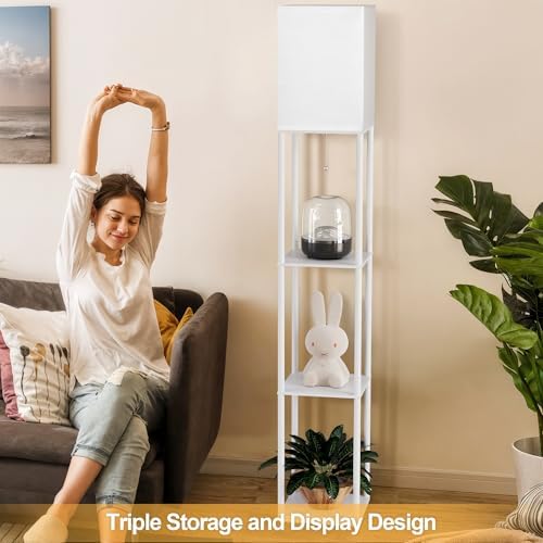 Floor Lamp with Shelves for Living Room White, Shelf Floor Lamp with 3 CCT LED Bulb, Corner Display Standing Column Lamp Etagere Organizer Tower Nightstand with White Linen Shade for Bedroom, Office - Image 6