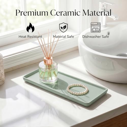 8″ x 3.7″Ceramic Vanity Tray, Decorative Rectangular Organizer for Bathroom Countertop, Dresser Top, Kitchen & Bathtub, for Soap, Perfume, Candle, Jewelry & Cosmetics (Green) - Image 5