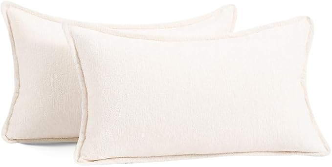 Pack of 2 Cream White Decorative Throw Pillow Covers 12x20 Cozy Soft Chenille Accent Vintage Rectangular Lumbar Couch Pillow Covers for Home Decor Bed Sofa Living Room