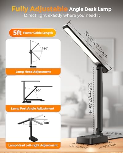 Airlonv LED Desk Lamp for Office Home, Power Strip with 3 Outlets 4 USB Charging Ports(2 USBC), 4 Modes 5 Level Brightness Desk Light, Small Desk Lamp for College Dorm Room Essentials - Image 4