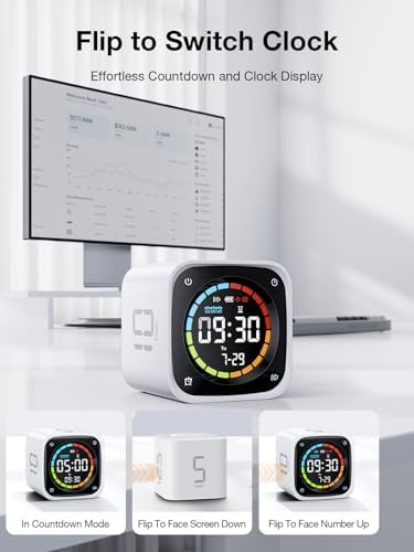 TK3 Pomodoro Timer Cube, Desk Productivity Timer with 5/10/30/60 Min Presets, Custom Countdown, Stopwatch, Clock, 3 Alarm, Silent, Vibrate & Sound Alert, for Task, ADHD, Study, Kitchen, White - Image 5