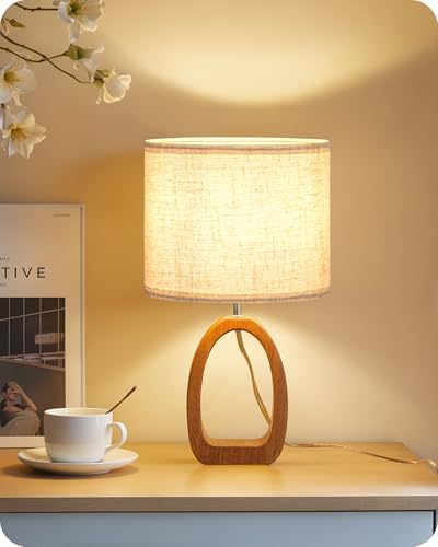 Small Table Lamp, 14.2" Cute Little Desk Lamp, Wood Bedside Lamp with Linen Lampshade, Modern Nightstand Lamp for Bedroom, E26 Base, Bulb Not Included, Beige and Dark Natural LE07TL05 by GOEBLESON