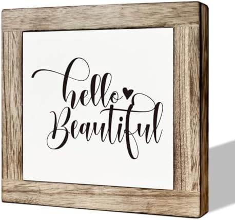 Hello Beautiful Sign, Rustic Wood Sign, Bathroom Decor Set, Wooden Box Signs for Home Decors, Modern Farmhouse Decor for Shelf Tabletop Desk, Housewarming Decors, Bathroom Box Signs B6-122 by MLTEye
