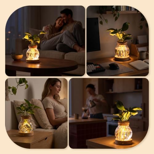 Plant Propagation Station with Wooden Saucer, Glass Terrarium with Stepless Dimming Function Hydroponic Glass Container Vase Jars Gardening Gifts for Mom Women Plant Lovers(2 Pack) - Image 5