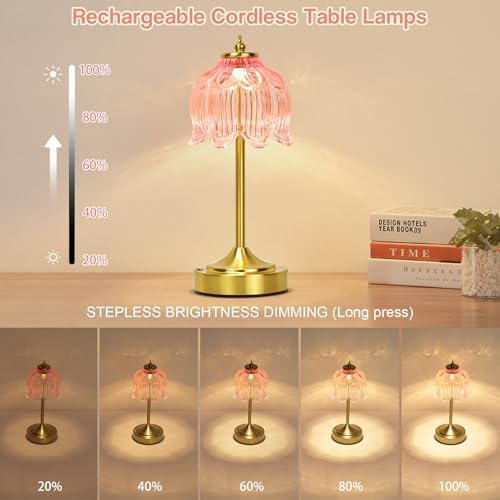 Cordless Table Lamp, Rechargeable Pink Glass Lotus Flower Lamp - Image 5
