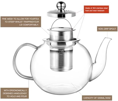 CNGLASS 40oz Glass Teapot with Removable Infuser,Clear Tea Kettle Stovetop Safe,Blooming and Loose Leaf Tea Maker Set - Image 2
