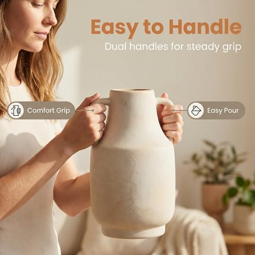 Farmhouse Vase with Handles, 11 Inch Large Off-White Terracotta Pot, Rustic Ceramic Floor Vase for Dried Branches & Florals, Neutral Centerpiece for Living Room, Entryway, Coffee Shop DecorG - Image 3