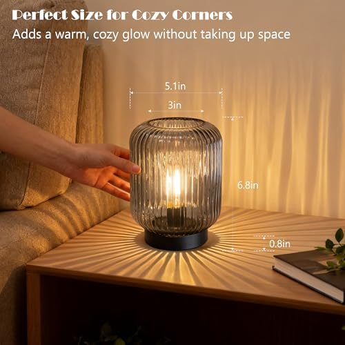 LUSHARBOR Battery Operated Lamp, Cordless Table Lamps for Home Decor, Battery Powered Nightlight with LED Bulb, Decorative Glass Beside Lamp for Bedroom Living Room-Grey - Image 4