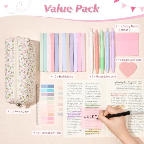 22Pcs Book Annotation Kit Aesthetic Pencil Case with Supplies School Annotation Supplies Gel Pen Transparent Sticky Note Taking Bible Study College Stationery Supplie (Pink Floral) - Image 2