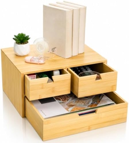 DEAYOU Bamboo Desk Organizer, 100% Natural Bamboo Desktop Drawer Organizer, Tabletop Storage Cabinet Organization Box with 3 Drawers for Home Office Supplies, Makeup, Letter, 2-Layer, Fully Assembled by DEAYOU