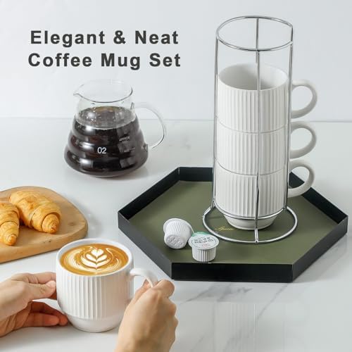 Hasense White Ceramic Coffee Mugs Set With Holder- 12 oz Stackable Coffee Cups Ceramic, Modern Ribbed Latte Cup Sets for Cappuccino, Tea, Espresso, Hot Cocoa, Drinks - Dishwasher & Microwave Safe - Image 5