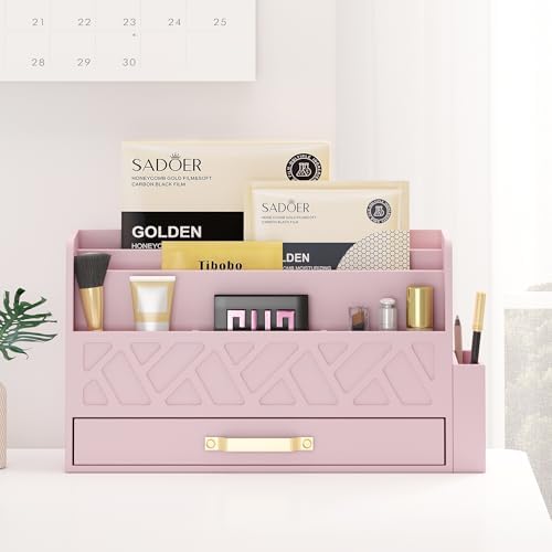 Wisuce Bamboo Mail Organizer Countertop with Drawer and Pen Holder, Pink by WisuceHome