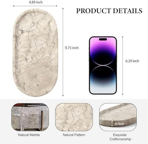 Koville Natural Silver Pearl Marble Decorative Tray, 10" x 5" Marble Vanity Tray for Bathroom Countertop Organizer Stone Trays, Catchall Tray Stone Plate for Perfume, Candles, Jewelry - Image 2