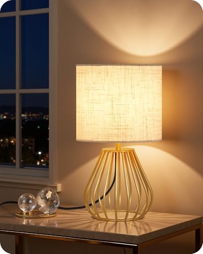 Gold Table Lamp, 12.6'' Small Table Lamp with Beige Linen Lampshade & Gold Cage Base, Modern Little Cute Desk Lamp, Bedside Lamp for Bedroom, Living Room, 2700K LED Bulb Included, DE06TL05 by GOEBLESON